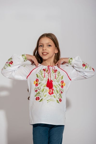 ВИШИВАНКА ДЛЯ ДІВЧИНКИ "КОЛИСКОВА КВІТІВ" БІЛА З КОЛЬОРОВОЮ ВИШИВКОЮ (BLd-36-18-clr), 116, домоткане полотно