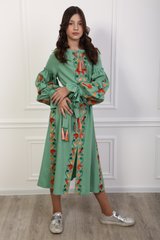 Вышитое платье фисташковое для девочек Утренние росы (PLd-142-085-L), 116, лен