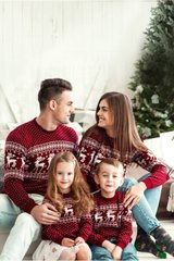 Різдвяні червоні сімейні світшоти з оленями (FM-0123), шерсть, акрил