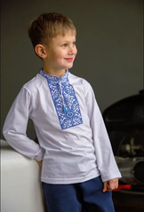Вишиванка для хлопчика "Подільська" біла з довгим рукавом з бірюзовой вишивкою (LS-95232176-92), 92, бавовна