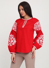 Льняная вышиванка красного цвета с изысканным растительно-геометрическим орнаментом для женщин (gbv-28-02), 40, домотканое полотно, лен