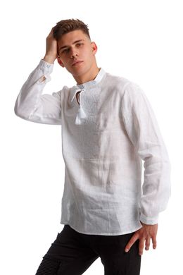 Біла чоловіча сорочка-вишиванка зі стійкою та довгим рукавом UKR-1152, 42, льон