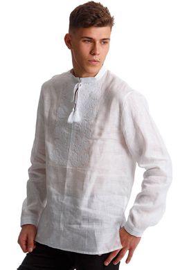 Белая мужская рубашка-вышиванка со стойкой и длинным рукавом UKR-1152, 42, лен
