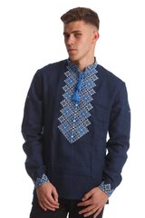 Синя чоловіча сорочка-вишиванка з коміром-стойкою та довгим рукавом UKR-1156, 58, льон
