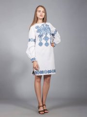 Модное белое платье из льна или полотна с этнической сине-голубой вышивкой для женщин (gpv-09-02), 40, лен, тиар