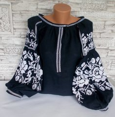 Женская вышиванка блузка на черном льне "Бохо" (GNM-02139), 40, лен черного цвета