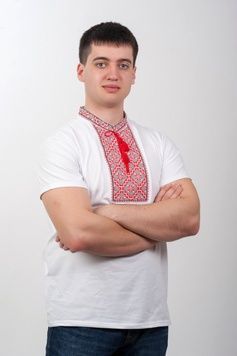 Чоловіча вишита футболка біла з червоно-чорною вишивкою (NB-2006-wtrd), 44, віскоза