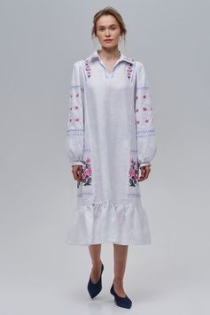 НІЖНА ВИШИТА ЛЛЯНА СУКНЯ "ШИПШИНА" БІЛОГО КОЛЬОРУ (VUT-4254), XS, льон
