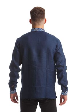 Синя чоловіча сорочка-вишиванка з коміром-стойкою та довгим рукавом UKR-1156, 58, льон