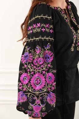 Невероятно красивая и красочная женская вышиванка на чёрном домотканом полотне "Бохо" (GNM-02210), 40, лен черного цвета
