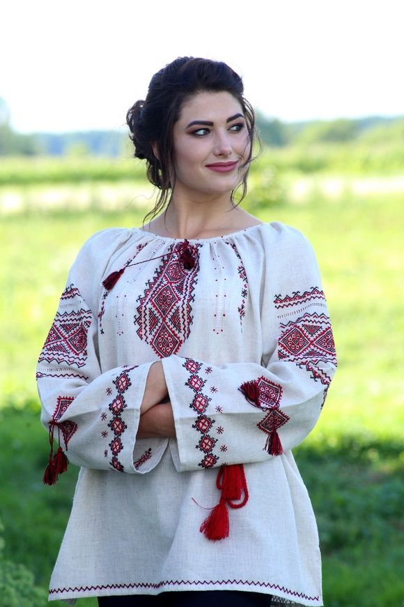 Льняна вишиванка ручної роботи з українським орнаментом для жінок (GNM-00508), 42, льон сірий