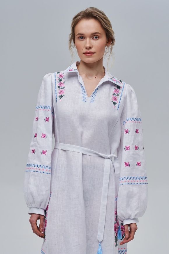 НІЖНА ВИШИТА ЛЛЯНА СУКНЯ "ШИПШИНА" БІЛОГО КОЛЬОРУ (VUT-4254), XS, льон