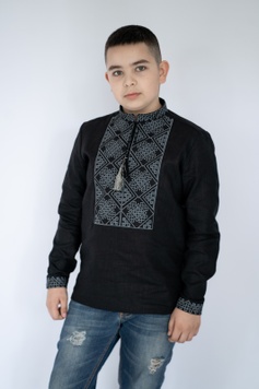 Вышиванка для мальчика "Атаман" черная с серой вышивкой (DBRSCH-60-hl-blc), 140, Льон, котон