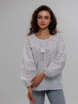 ЖІНОЧА ВИШИВАНКА "БІЛЯНА РОМАНТИЧНА" З БІЛОГО ЛЬОНУ (SZH-037-1-wt), 42(XS), льон