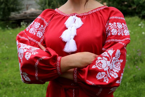 Яскраве довге червоне плаття з поясом "Бохо" (GNM-02112), 42, льон