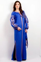 Прямое длинное платье "Цветочная фантазия" из синего льна с вышивкой для женщин (PL-055-067-L), 42