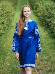 Невероятно красивое вышитое платье синего цвета (gpv-69-01), 26, лен, тиар