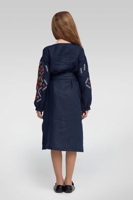 Вишита сукня вишиванка для дівчинки з довгим рукавом Dark blue UKR-0219, 152, льон