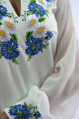 Шифоново-трикотажна довга сукня "Волошкові мрії" молочного кольору з вишивкою для жінок (PL-009-017-Tr-mlk), 42