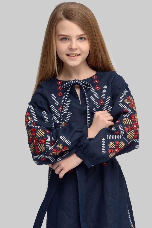 Вишита сукня вишиванка для дівчинки з довгим рукавом Dark blue UKR-0219, 152, льон