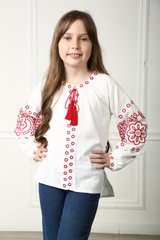 Вышиванка белая с красной вышивкой для девочки Кружевные сны (BLd-334-181-L), 116, лен