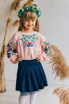 Вишита рожева блуза з довгими рукавами для дівчат (B-089-01-d), 26, креп-софт