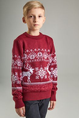 Бордовые парные вязаные детские свитера с оленями (UKRS-6622-6622), шерсть, акрил