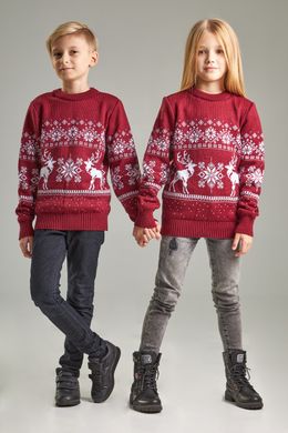 Бордовые парные вязаные детские свитера с оленями (UKRS-6622-6622), шерсть, акрил