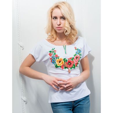Изысканная женская белая футболка с красивой вышивкой "Мальвы" (10101021-048), 42