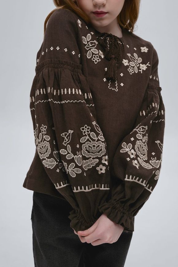 ВИШИВАНКА ДЛЯ ДІВЧИНКИ "ГУЛІ-ГУЛІ" З ШОКОЛАДНОГО ЛЬОНУ (VUT-0317), 110, льон