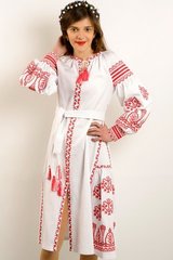 Приталенное платье "Роскошь-2" из белого льна с вышивкой крестиком для девочек-подростков (PLp-120-150-L), 152