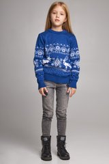 Вязаный синий с оленями свитер для девочки (UKRS-6623), 122, шерсть, акрил