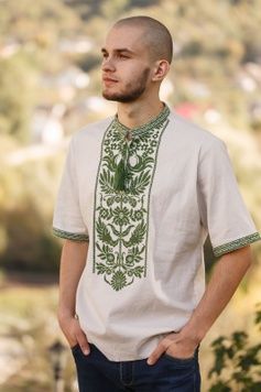 Чоловіча вишита сорочка з зеленою вишивкою (S-093-01), 40, льон