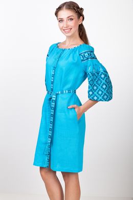 Бирюзовое платье из льна для женщин "Лучезара" (СЖ-38 3/4, ПОЖ-10б), 42