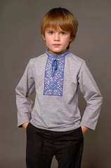 Вышиванка для мальчика "Подольская" серая с длинным рукавом с синей вышивкой (LS-95432175-92), 92, хлопок