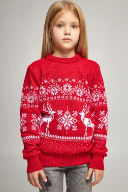В'язаний червоний з оленями светр для дівчинки (UKRS-6630), 122, шерсть, акрил