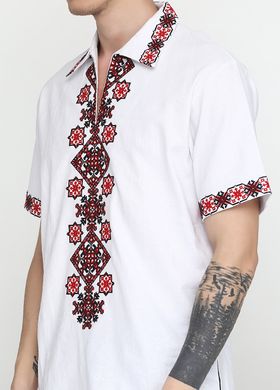 Патріотична біла сорочка з коротким рукавом і яскравим орнаментом для чоловіків (chsv-37-02), 40, льон