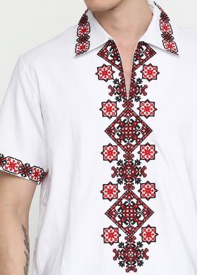 Патріотична біла сорочка з коротким рукавом і яскравим орнаментом для чоловіків (chsv-37-02), 40, льон