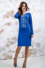 Приталена сукня з українською вишивкою "Феєрія" із трикотажу синього кольору для жінок (PL-011-145-Tr-blu), 42