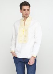 Гармоничная вышиванка белого цвета из льна с орнаментом жёлтого цвета для мужчин (chsv-13-04), 40, лен
