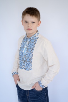 Вышиванка для мальчика "Роскошь" бежевого цвета с голубой вышивкой (DBRSCH-60-hl-rzbj), 116, Льон, котон