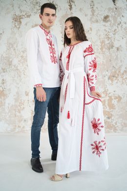 Парный белый вышитый комплект Фантазия с красной вышивкой (KMр-520-167-L)