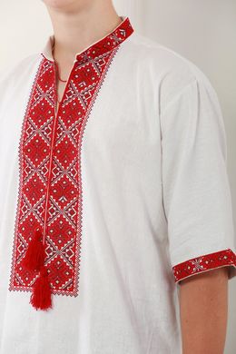 Вышиванка мужская белая с красным орнаментом (GNM-02223), 40, домотканое полотно, лен