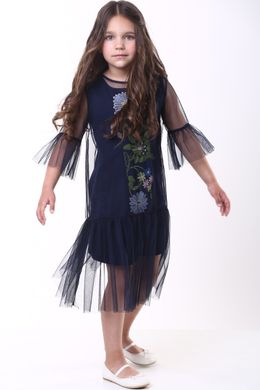 Вышитое платье для девочки тёмно-синего цвета "Цветочное" (PLd-116-082-Tr), 152