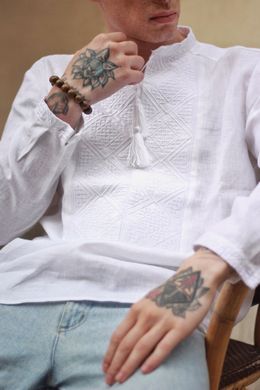Вышиванка белая мужская "Отаман" с белой вышивкой (Sr-401-184-L-wht), 46, льон