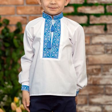 Вышиванка для мальчика белая с синим орнаментом (mrg-kh013-8888), 1, сорочковая