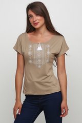 Женская бежевая вышитая крестиком футболка (М-711-27), M