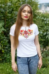 Женская вышитая футболка белая "Лесная песня" хаки (LS-91210282-44), M, вискоза