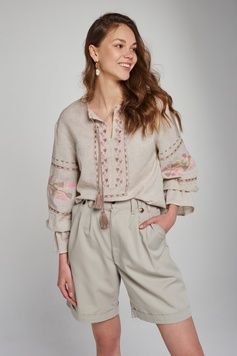 ЖІНОЧА ЛЛЯНА ВИШИТА БЛУЗА BEIGE UKR-5234, XS | 40-42, льон