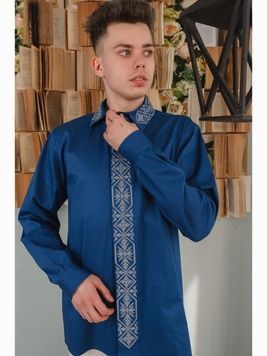 Чоловіча синя вишита сорочка з довгими рукавами (S-099-01), 40, стрейч-бавовна